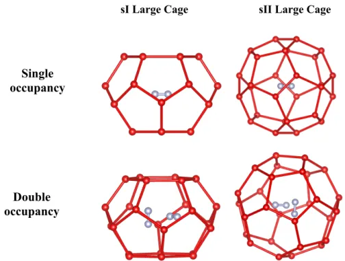 Figure 2. Representation of sI (Left) and SII(Right) LC for single N 2  occupancy (Top) and double (Bottom)  N 2  occupancy