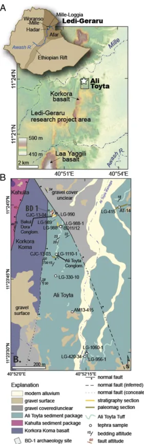 Fig. 1. Location of BD 1: (A) Location of the eastern LG research area in Ethiopia and within the Afar Depression