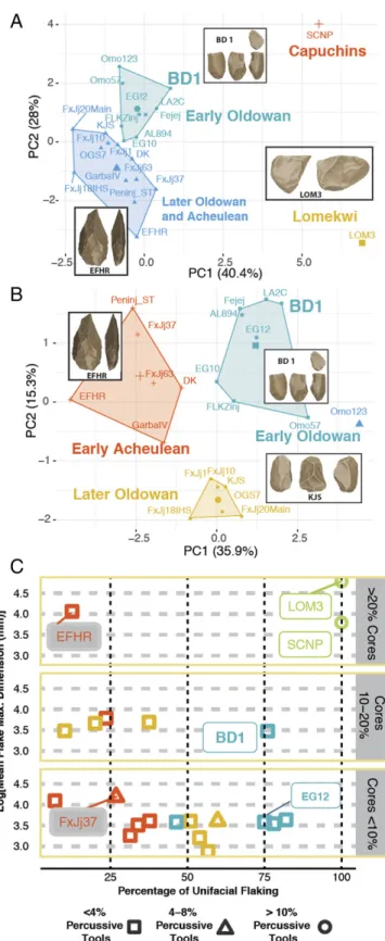 Fig. 6. (A) Principal components analysis (PCA) of major technological features of numerous Early Stone Age sites (SI Appendix, Table S8)