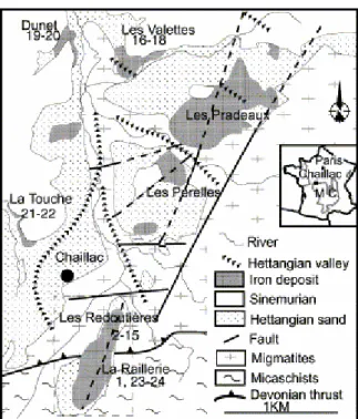 Fig. 1. Simplified geological map of the Chaillac Basin showing the AMS sampling sites (modified after [19])