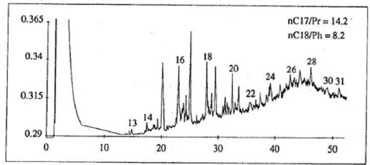 Figure 2: GC-chromatogram of the saturated hydrocarbon fraction extracted from the natural sediment; Pr: 