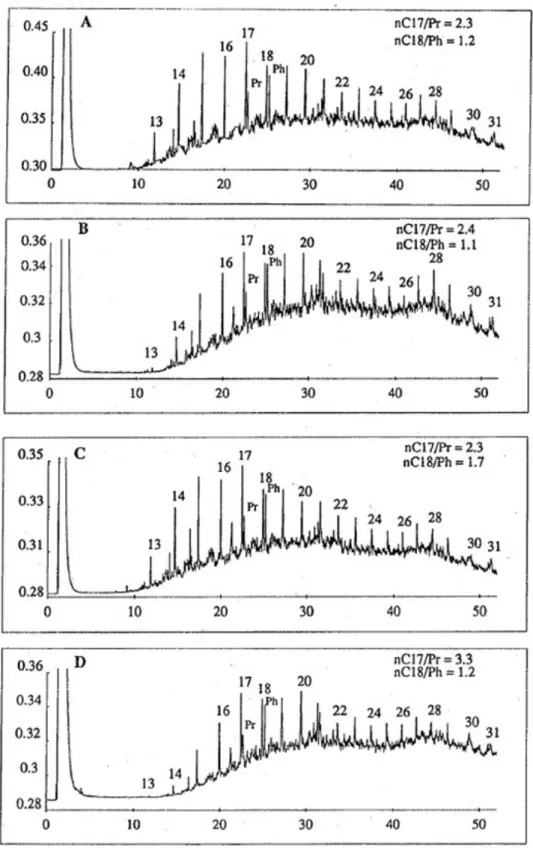 Figure 4: GC-chromatograms of the saturated hydrocarbon fraction extracted from the experimental sediment  with 6 Nereis diversicolor , after 45 d