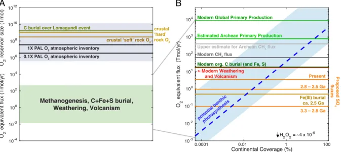 Fig. 2. (A) Comparison of annual fluxes of principal O 2 sources and sinks in the pre- and post-GOE Earth system (lower green box) with the size of major O 2
