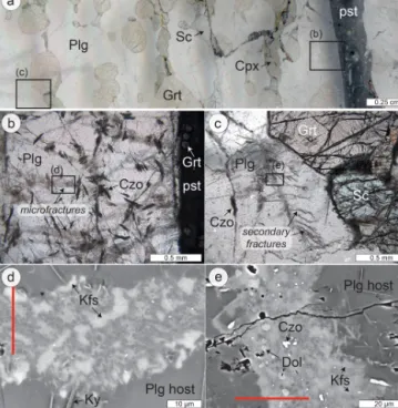 Figure 1. Fractured wall rock plagioclase. (a) Thin section scan of wall rock plagioclase (Plg), garnet (Grt), clinopyroxene (Cpx) and scapolite (Sc) adjacent to an eclogite facies pseudotachylyte (pst) on Holsnøy