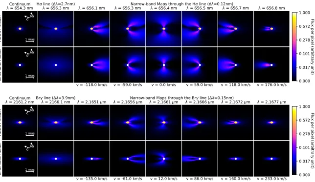 Fig. 10. Intensity maps of our best-fit HDUST and kinematic models at different wavelengths around the Hα line (first two rows) and the Brγ line (last two rows)