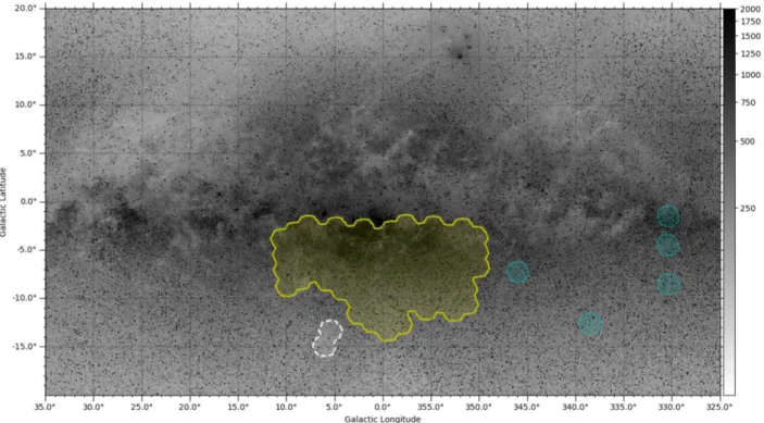 Figure 1. The BDBS footprint including the extension placed on the core of the Sgr dwarf spheroidal galaxy, superimposed on a grey scale map of the Milky Way from Mellinger (2009)