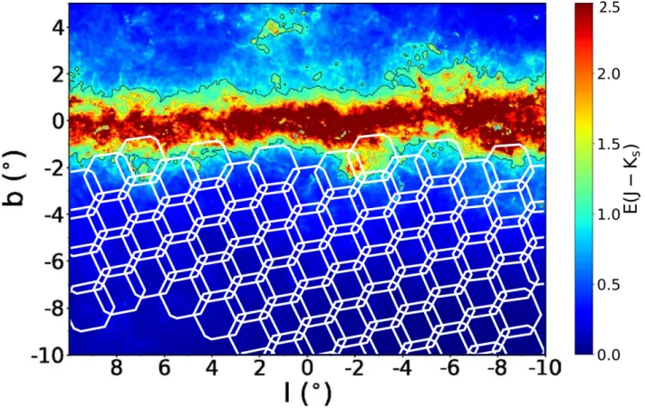 Figure 3. The BDBS fields are superimposed on the reddening map constructed from 1 × 1 arcmin cells (Simion et al