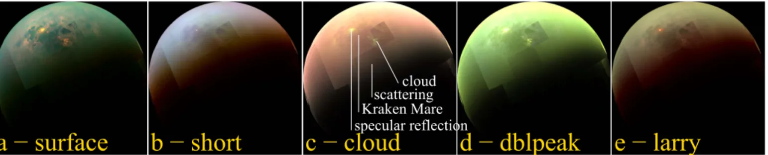 Figure 1. Five different color scheme renditions of a mosaic of Titan data from the VIMS instrument on Cassini ʼ s T104 ﬂ yby, which occurred on 2014 August 21