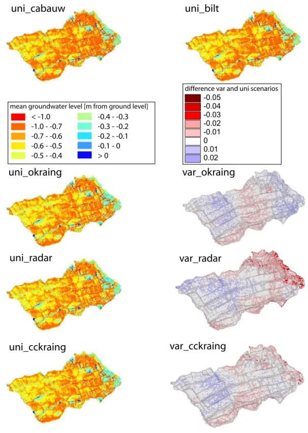 Fig. 9. Spatial pattern of mean groundwater level [m from ground level] during March–October 2004 for all rainfall scenarios