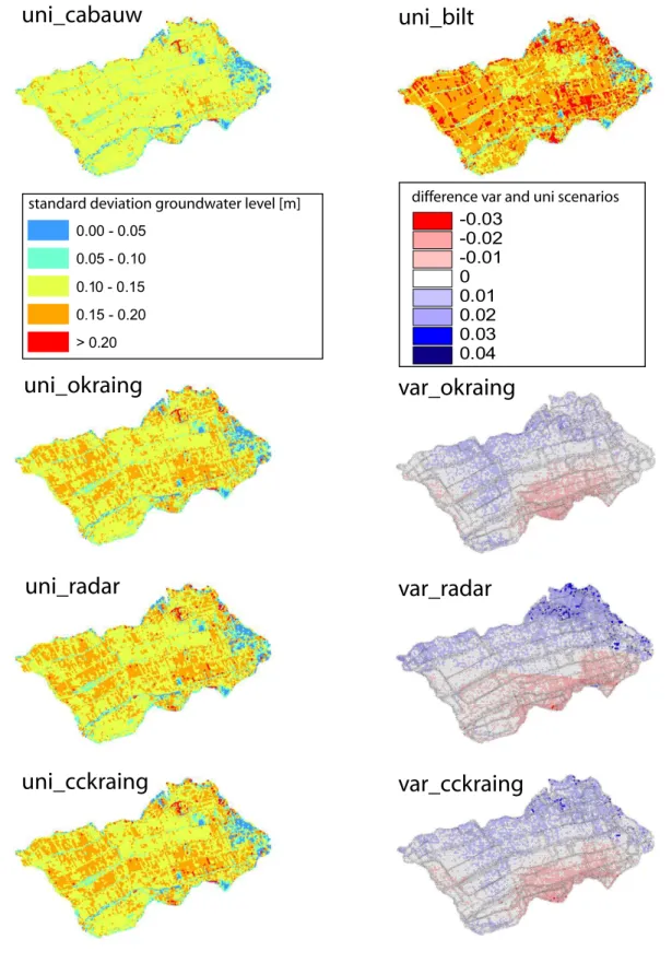 Fig. 10. Spatial pattern of temporal standard deviation of groundwater level [m] during March–October 2004 for all rainfall scenarios