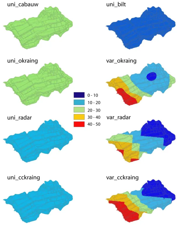Fig. 11. Spatial pattern of rainfall in mm on 1 May 2004 for the different rainfall scenarios in the Lopikerwaard.