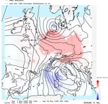 Fig. 1. ARP analysis valid at 00:00 UTC, 7 November in terms of mean-sea-level pressure (in hPa, solid contours), together with the forecast error in the 24-h forecast valid at this time (in hPa, shaded areas: red positive, blue negative).