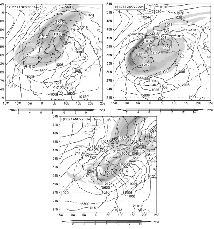 Fig. 3. Model forecast of synoptic scale evolution at 11 Nov 12:00 UTC (a), 12 Nov 12:00 UTC (b) and 14 Nov 00:00 UTC (c)