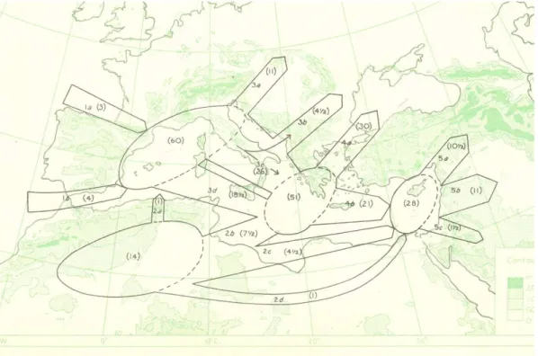 Fig. 1. Main winter cyclone track in the MB. Average annual frequencies are shown in brackets (HMSO, 1962, p