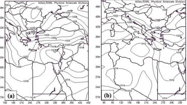 Fig. 4. Sea level pressure for cyclones generated within easterly African troughs: (a) East MB (3 December 2003 18:00 UTC), (b) central MB (10 February 2003 18:00 UTC).