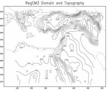 Fig. 1. Model domain and topography Units are m and the contour interval is 100 m.