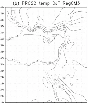 Fig. 2. December-January-February long-term mean near surface air temperature ( ◦ C) produced in (a) PRCS1, (b) PRCS2, (c) FVGCM experiments and (d) CRU data.