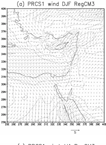 Fig. 5. Near surface winds directions and magnitudes (given by shadings and arrows’ length) (a, c) simulated for DJF, JJA seasons, (b, d) DJF, JJA near-surface wind magnitudes – CRU data.