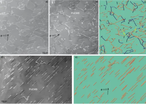 Figure 1. (colour online) Typical PoeM8-PoeM9 microstructures: (a) WBDF micrograph obtained  with the  2 2 2̄  diffraction vector ( [ 1 0 0 ]  and [ 0 0 1 ] dislocations are in contrast); (b) WBDF  micrograph obtained with g  =  0 6 2̄  on the same region 