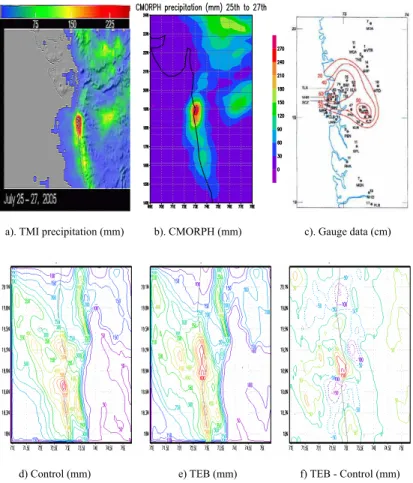 Fig. 6. Spatial precipitation (mm) captured by TRMM, CMORPH, gauge data, and di ff erent model configurations.
