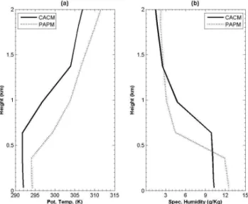 Fig. 1. Vertical profiles of the initial conditions: (a) potential tem- tem-perature and (b) specific humidity for the clean base case on 26 June (“CACM”) and for the polluted base case on 9 July (“PAPM”).