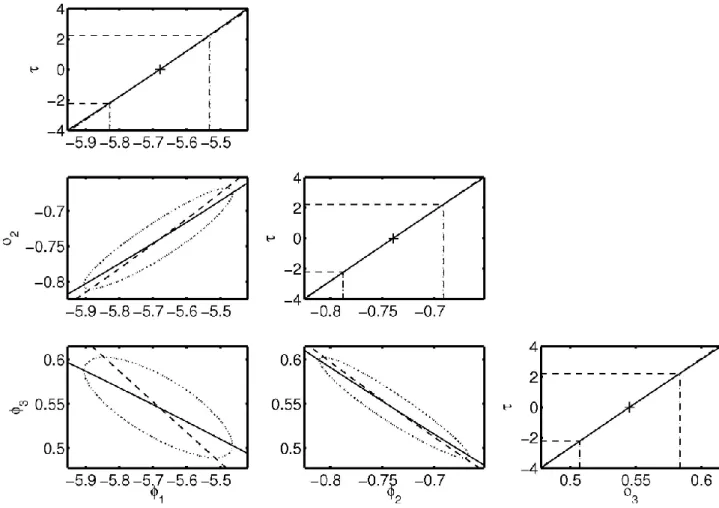 Fig. 4. Non-linear regression analysis of the Gruben data set (see text). The diagonal diagrams show the profile-t plots