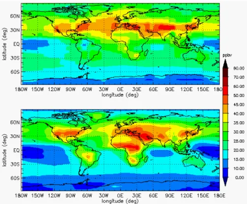 Fig. 10. Calculated decadal average O 3 volume mixing ratios [ppbv] at the earth surface for TM3 1990s CLE (upper) and STOCHEM 1990s CLE (lower).