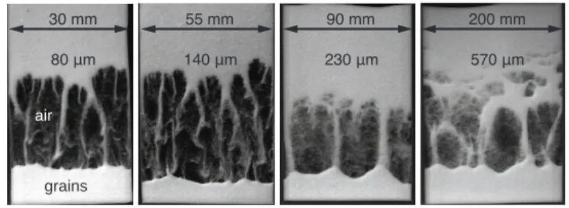 Fig. 2. Experimental snapshots of the granular Rayleigh-Taylor instability in air where the four cells shown in Fig