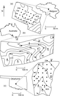 Fig. 1. Location of the study areas and observation sites. (a) Louvain-la-Neuve (0.5 m interval contour lines), (b) Tarrawarra (2 m interval contour lines), (c) R-5 (∼3 m interval contour lines).