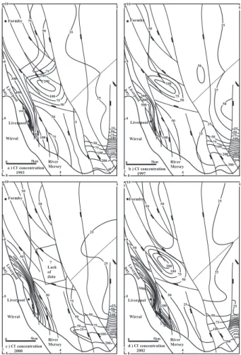 Fig. 5. Aqueous chloride concentrations contoured for; (a) 1993, (b) 1997, (c) 2000, (d) 2002.