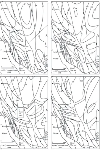 Fig. 6. Aqueous sulphate concentrations contoured; (a) 1993, (b) 1997, (c) 2000, (d) 2002.