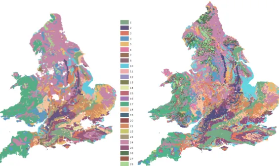 Fig. 1. Coverage of dominant HOST classes in England and Wales (a) as reclassified from the Soil Geographical Database of Europe and (b) in comparison to the original HOST map.
