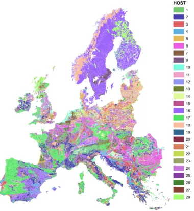 Fig. 2. Soil Geographical Database of Europe reclassified in HOST classes. Colours for each Host class are identical to Fig