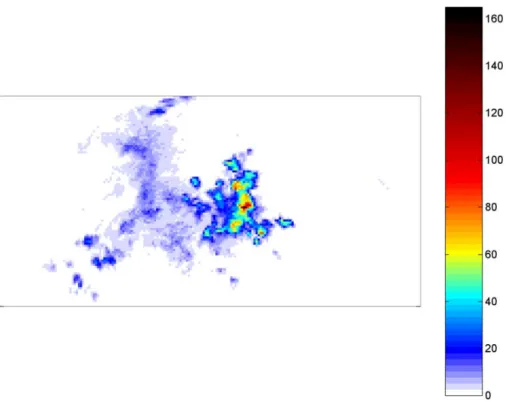 Fig. 1. (b) An observed convective rainfall field measured by S-Band weather radar at Beth- Beth-lehem, South Africa (colour scale indicates instantaneous rain rate in mm/h)