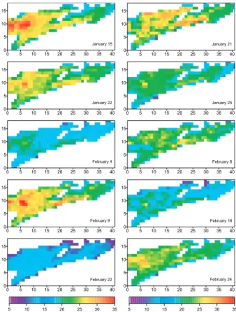 Fig. 2. Spatial distribution of surface temperature differences calculated from early morning (05:30 a.m.) and afternoon (03:30 p.m.) NOAA-AVHRR overpasses.