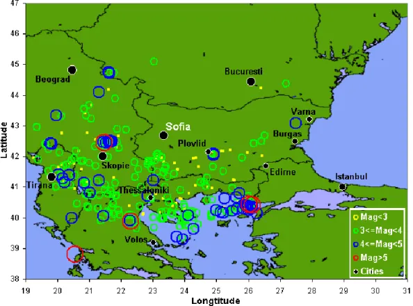 Fig. 16. Map of epicenters for earthquakes which occurred in the predicted time window, Sofia region, 2002–2003.