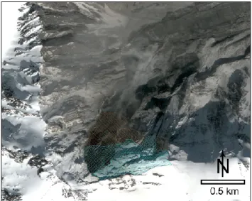 Fig. 3. QuickBird satellite image showing Dzhimarai-khokh NNE face with the slope failure and the upper Kolka glacier