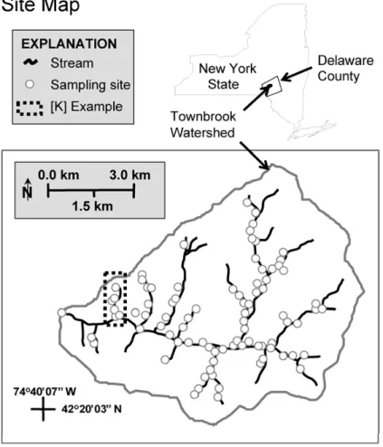 Fig. 2. Site map for the Townbrook Research Watershed in Delaware County, New York show- show-ing the locations for the synoptic samplshow-ing campaign