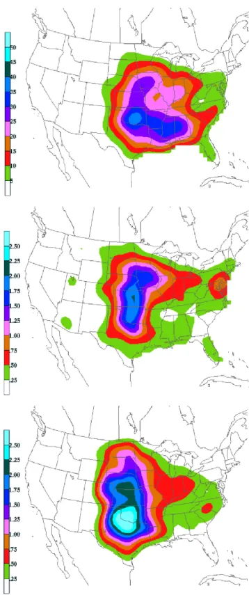 Fig. 3. (a, Top) Frequency of significant (see text for description) tornado touchdown days per century within 25 mi ( ∼ 40 km) of a point, based on tornado reports from 1980–1994; (b, Middle)  fre-quency of significant convective wind event days per year 