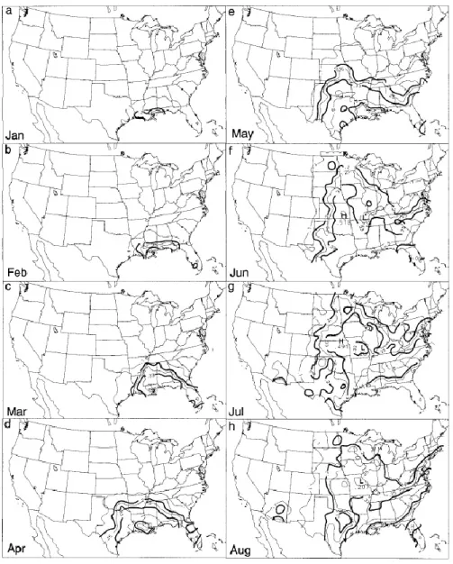 Fig. 4. Frequency (events year −1 ) of 1 inch (25.4 mm) h −1 or larger rainfall totals for each month, objectively analyzed to a regular grid from the hourly precipitation stations