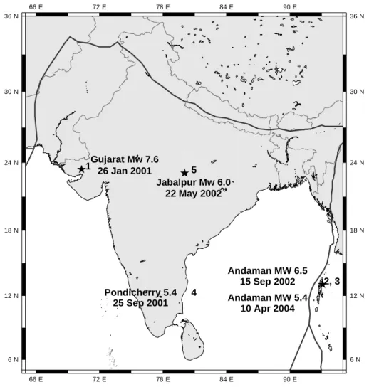 Fig. 1. Map of India indicating the location of the Earthquakes. The epicenters are marked with a star, and annotated with the location, time and magnitude of the earthquake