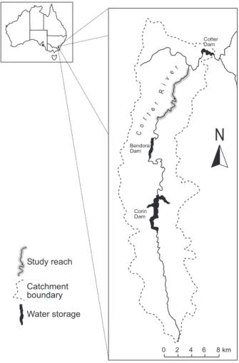 Fig. 1. The Cotter River catchment with the study reach indicated by grey shading.