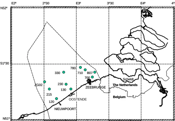 Fig. 1. Map of the Belgian coastal zone indicating the location of the ten stations.