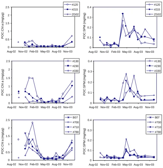 Fig. 3. Seasonal trend in the ratios of POC:Chl a and POC:SPM for the ten stations investigated