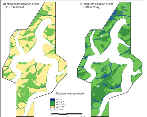 Fig. 3. Relative topographic wetness index calculations according to Pack et al. (1998)