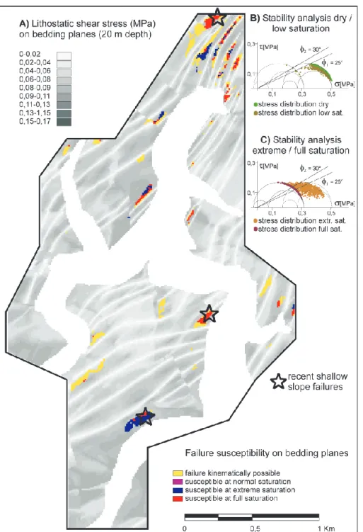 Fig. 4. Spatially distributed stabil- stabil-ity analysis for bedding plane-parallel slope failure