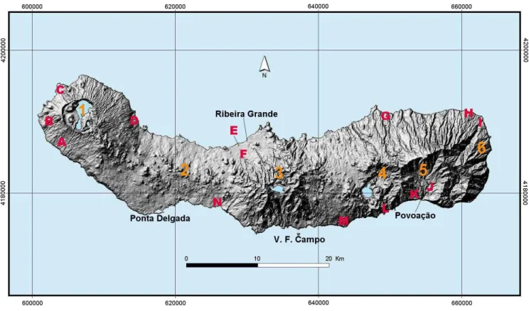 Fig. 2. Morphological features of S. Miguel Island: 1 – Sete Cidades Volcano; 2 – Picos Volcanic System; 3 – Fogo Volcano; 4 – Furnas Volcano; 5 – Povoac¸˜ao Volcano; 6 – Nordeste Volcanic Complex