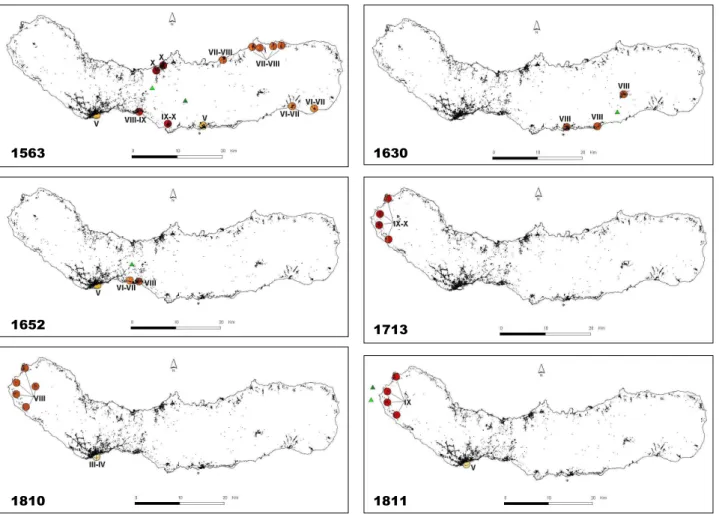Fig. 4 – Local intensity maps for the studied seismic swarms. For some localities the intensities were assessed with a certain  degree of uncertainty (e.g