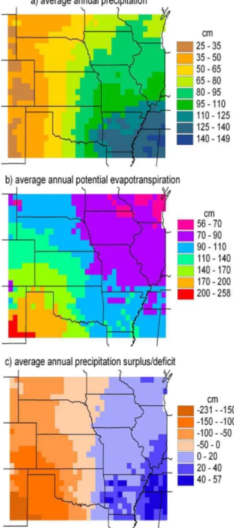 Fig. 1. (a) Average annual precipitation from the VEMAP/PRISM database, (b) average an- an-nual potential evapotranspiration calculated using model-maximized LAI, and (c) the di ff erence