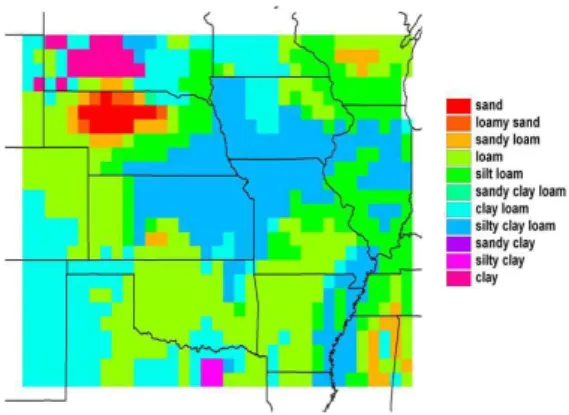 Fig. 3. USDA soil texture classes based on grid-cell averages of sand, silt and clay percentages in the VEMAP database.